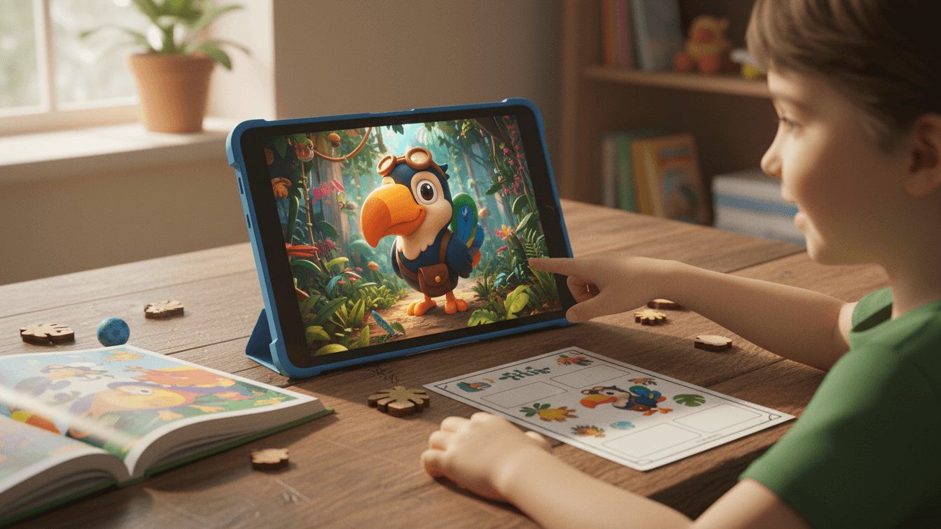 Child watching Tibo episode with worksheet