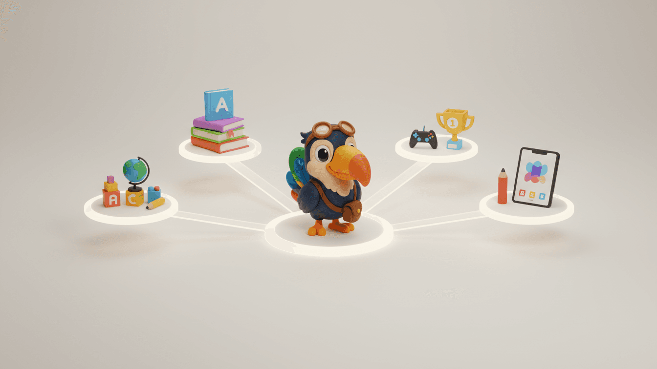 Tibo product ecosystem. Includes episodes, worksheets, storybooks, games, puzzles, and an edulearning platform.