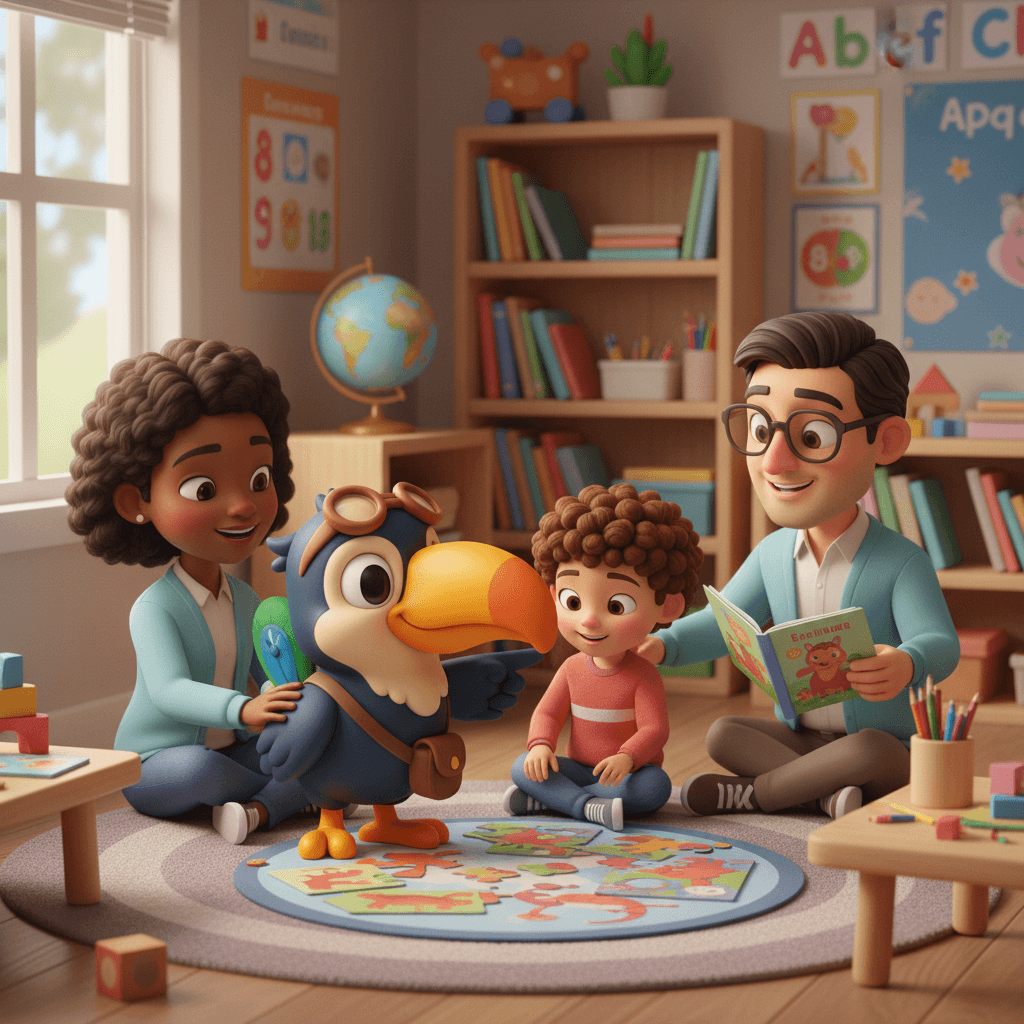 Tibo around a family reading books